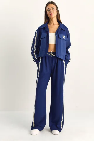 Gestreiftes Mid-Waist Zweiteiliges Set mit Tasche