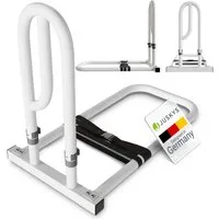 Juskys Bett - Aufstehhilfe, Hilfsmittel fürs Bett, stabiler Stahl, höhenverstellbar, inkl. 2 Gurte