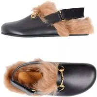 GUCCI Lammfell Princetown Sandalen mit Horsebit Unisex Clog Antikes goldfarbenes Horsebit-Metall,Klettverschluss-Riemen