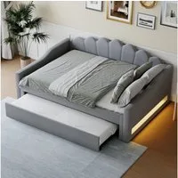 Odikalo Schlafsofa Schlafcouch 140x200 Ausziehbett, Gepolstertes 140 x 200 cm Tagesbett mit LED-Gürtel und Ausziehbett, Grau