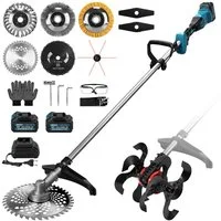 XERSEK Akku-Motorhacke 2in1 Bodenhacke & Rasentrimmer, Gartenfräse Bodenfräse Freischneider, 19 Zubehörteile inkl.2-4,0Ah-Akku, Bürstenloser Motor, Schmiernippel, Abnehmbare Multifunktionale Bodenhacke, Kompatibel mit Makita Akku