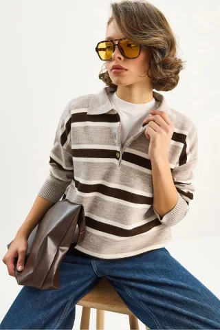 Polo-Kragen Langarm Strickpullover