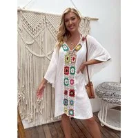 MOPUEA Strandkleid Strandkleid Damen Boho Strandtunika Häkelblumen V Ausschnitt (Blusenkleid, 1-tlg) Große Größen Bikini Cover Up Häkelblumen Für Urlaub Strand