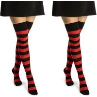 sockenkauf24 Overknees 2 Paar Overknee Strümpfe Damen Kniestrümpfe (Ringel Schwarz/Rot, 39-42) Schwarz Bunt Ringel Baumwolle - 10723 WP