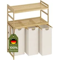 Bellamio Wäschekorb Newa aus Bambus (3 Fächer mit 2 Ablagen, Beige 150 L), ausziehbare & abnehmbare Wäschesäcke aus Oxford-Gewebe