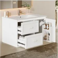 Flieks Waschtisch mit LED-Radarsensor Waschbeckenunterschrank inkl. Waschbecken (B76/T46/H51 cm, 1-St., wandhängend, Volllackierung Badschrank mit Led-Beleuchtung Waschplatz), Badezimmerschrank mit Schubladen und Türablagen Badmöbel-Set Weiß