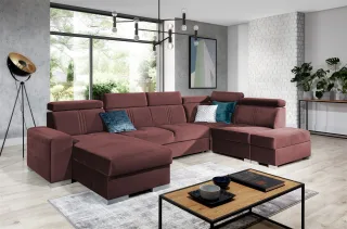 Wohnlandschaft Schlafsofa NOLAN inkl USB Stoff Monolith Purpurrot Ottomane Links
