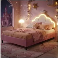 zebery Polsterbett Kinderbett, Kopfteil mit LED-Beleuchtung, Samtstoff (Packung, 1-tlg., Jugendbett), 90x200 cm,Mit Kopfteil und Bettgestell,kronenförmiges Kopfteil,Rosa