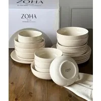Zoha Geschirr-Set Roma, modernes Tafelservice Spülmaschinen- & Mikrowellengeeignet (48-tlg), 6 Personen, Porzellan, Kombiset mit Craquelé-Struktur, Warm-Beige Färbung für Eleganten Look