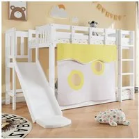 Merax Etagenbett 90x200cm mit Bettvorhängen (Jugendbett Doppelbett, 1-St), Kinderbett mit Rutsche, Leiter & Schutzgittern, Stockbett, Kiefernholz
