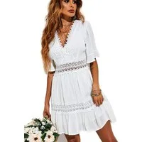 FS Collection Minikleid Damen Minikleid aus Baumwolle mit V-Ausschnitt und Spitzendetails (XS (EU:36 / UK:8) · S (EU:38 / UK:10) · M (EU:40 / UK:12) · L (EU:42 / UK:14) · XL (EU:44 / UK:16), 5 Farben : Schwarz, Elfenbeinweiß, Hellblau, Salbeigrün und