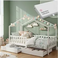 Bellabino Kinderbett Bia mit Rausfallschutz & Lattenrost (weiß, mit zwei Schubladen und Matratze), Kinderbett aus Kiefernholz, verfügbar in 80x160/90/120/140x200 cm