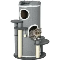 PawHut Kratzbaum Kratztonne Katzenbaum mit Katzenbett, Kletterbaum mit Spielball, Grau, Grau, Ø57 x 99H cm