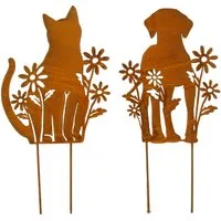 Posiwio Gartenstecker Beetstecker Set Katze + Hund mit Blumen (2-St) 2er Set, Hund und Katze, rostoptik