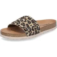 MIDS MINTA Damen Pantolette leo Animalprint, Einriemer mit Lederfußbett, Korksohle & Schnalle