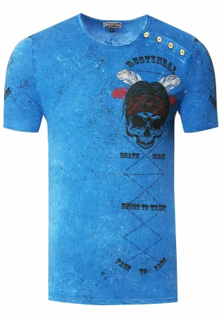 Verwaschenes Rundhals T-Shirt mit Knopfleiste und Prints