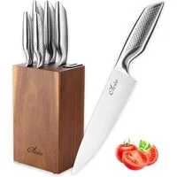 Oleio Messer-Set Maestro 5-tlg. Küchenmesser Set mit Akazien Block und Messerschärfer (5-teiliges Messerset mit Block, 6-tlg., 5 Messer, Block mit Messerschärfer), 5er Messerset, Akazienholz-Block