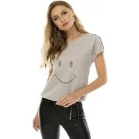 Passioni T-Shirt mit dezentem Strass-Smiley-Muster, Ärmeldetails und Kordelzug mit Strasssteinen