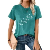 PYLIKE Rundhalsshirt Damen bequemes Sommer Kurzarmbluse Schmetterling Print-Shirt Bequem für Freizeit und Büro,Strandurlaub