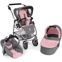 CHIC2000 Kombi-Puppenwagen Emotion All In 3in1, Grau-Rosa, inkl. Babywanne, Babyschale und Sportwagenaufsatz