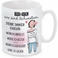 Herzbotschaft Tasse Kaffeebecher mit Motiv DU und ICH, wir sind Schwestern, Keramik, Kaffeetasse spülmaschinenfest und mikrowellengeeignet