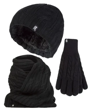Damen-Set aus Strickmütze, Schal und Handschuhen | Wärmehalter | Mit Fleece gefüttertes Thermo-Kaltwetter-Set für Damen für den Winter, Schwarz