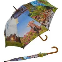 HAPPY RAIN Stockregenschirm großer Regenschirm mit Handöffner für Damen, mit Holzgriff und Alpenkuh-Motiv