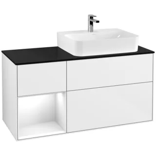 Villeroy und Boch Finion Waschtischunterschrank F142GFGF 120cm, Abdeckplatte Glass Black Matt, Regal links Glossy white lacquer, Glossy white lacquer