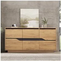 Merax Sideboard 140x40x76cm (1 St., Mattfront in Holzoptik & Schwarz), Kommode Anrichte mit 3 Türen und verstellbaren Einlegeböden