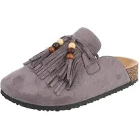 Ital-Design Damen Clog mit Fransen und Perlen, Schlupfschuh Pantolette (91742354) Flach Pantoletten in Grau