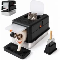 Dogat Katzentoilette Katzenklo Edelstahl Katzentoilette mit Streumatte, Schaufel, Bürste, XXL 58x37x39cm mit Deckel Anti-Geruch & Anti-Leck