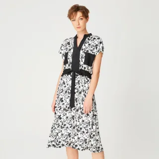 Bi-Material-Kleid mit monochromem Blumendruck und Kordelzuggürtel