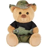 BRUBAKER Kuscheltier Teddybär Angler mit Fisch und Anglerhut - 25 cm Teddy (Hellbraun Camouflage, 1-St., Plüschbär Glücksbringer für Angelfreunde), Stofftier Geschenk für Angler und Outdoor Fans