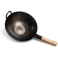 pasoli Wok voreingebrannter, traditionell handgehämmerter Wok mit flachem Boden, Karbon-Stahl, Voreingebrannt, Traditionell Handgehämmert, flacher Boden