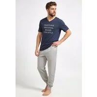 MUSTANG Schlafanzug OLE Pyjama-Set T-Shirt Long Pants lange Hose Schlafkombi Nachtwäsche (2 tlg) Oberteil navy, Pants graumelange
