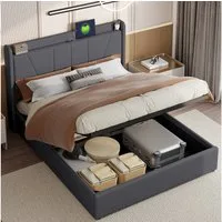 Furnishings Home Polsterbett Stauraumbett Doppelbett Mit Ladefunktion (hydraulisch hebbarem Stauraum), Mit 2 USB + 1 TYPE-C, Leinen, 160x200 cm