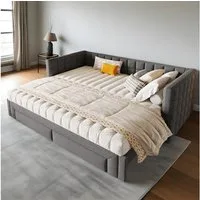 MODFU Daybett Funktionsbett 90x200 cm, 2 Schubladen (Ausziehbares Sofabett mit Quadratischer Rückenlehne, Kinderbett Doppelbett), ohne Matratze