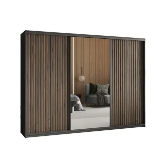 Masseno Schwebetürenschrank, Schwarz, Holzwerkstoff, 9 Fächer, 4 Schubladen, Rechteckig, 250x205x60 cm, Schlafzimmer, Kleiderschränke, Schwebetürenschränke