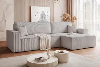 Ecksofa Schlafsofa Sofa ADARA MAX in Stoff Poso Hellgrau Ottomane Rechts