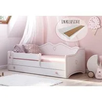 Kids Collective Kinderbett Mädchenbett 80x160 80x180 mit Matratze, Rausfallschutz & Schublade, Rosa,160x80 cm,mit punktelastischer Matratze