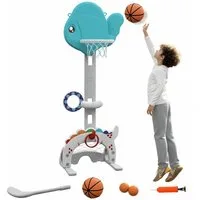 AIYAPLAY Basketballkorb 5 in 1 Höhenverstellbarer 134-152 cm mit Basketballs Pumpe Fußballtor (Set, 1-St., Indoor Outdoor Spielzeug), für Jungen Mädchen 3-6 Jahre Blau+Grau