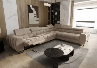 Ecksofa Schlafsofa BASTIEN RELAX in Stoff Terra Beige Ottomane Rechts