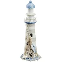 Macosa Home Dekofigur Deko Leuchtturm Holz 30 cm Weiß Blau Antik finish (maritim Baddeko Fischernetz Nautisch, Badezimmer-Dekoration Dekofigur), Deko-Leuchtturm Holz 30 cm Weiß Blau Antik finish