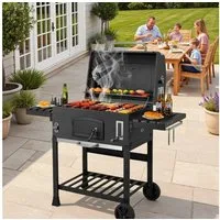TLGREEN Holzkohlegrill XXL mit Deckel, Thermometer und Schornstein, BBQ Grillwagen für Garten & Camping, Höhenverstellbar, Klappbare Seitentische, Abnehmbarer Aschenbehälter, Robuster Holzkohlegrill mit Rädern