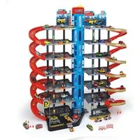 TikTakToo Spiel-Parkgarage XXL Parkhaus Parkgarage Autogarage Parktower (Spar-Set), mit 7 Ebenen inklusive 10 Spiel-Autos, mit Bahnhof