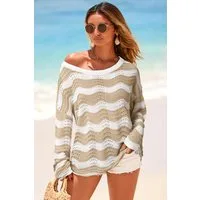 Arach&Cloz Langarmshirt Damen Sommer Top One-Shoulder Leinenoptik Gestreift für Sommer & Urlaub
