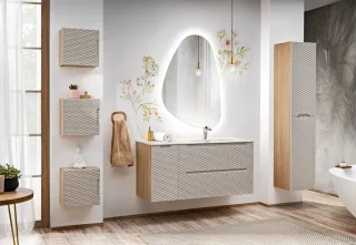 Badmöbel Set 7-tlg Badezimmerset LAXY Eiche Beige Regal links inkl. Waschtisch