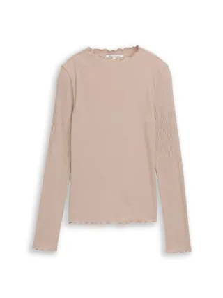 Denim Tom Tailor - Langarmshirt mit Rippstruktur atmosphere beige melange - Gr. - M