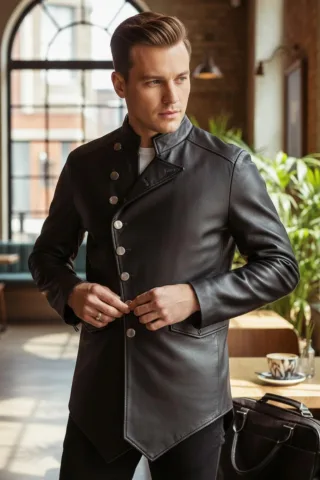 Herren Schwarze Leder-Mandarin-Militär-Assymetrische Jacke – Silent