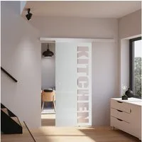 inova wohnen Glasschiebetür Glas KITCHEN Schriftzug Größenauswahl (Komplett Set), Schienensystem